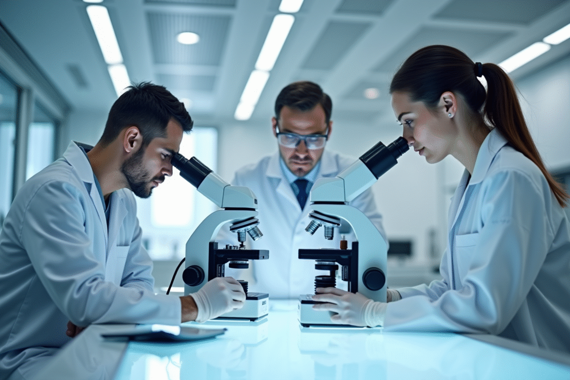 Scientifiques dans un laboratoire moderne collaborant avec microscopes