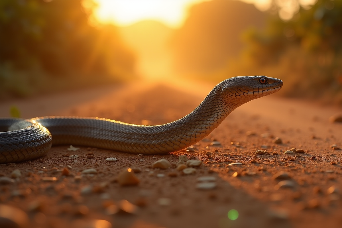 Serpent urutu cruzeiro glissant sur chemin rural au coucher du soleil