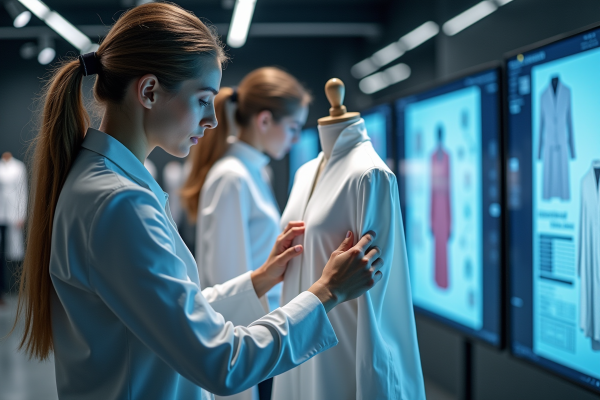 Styliste ajustant un vêtement avec technologie avancée dans un studio high tech