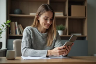 Femme consultant le suivi de colis GLS sur son smartphone depuis un bureau à domicile