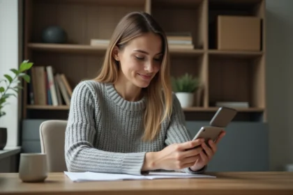 Femme consultant le suivi de colis GLS sur son smartphone depuis un bureau à domicile