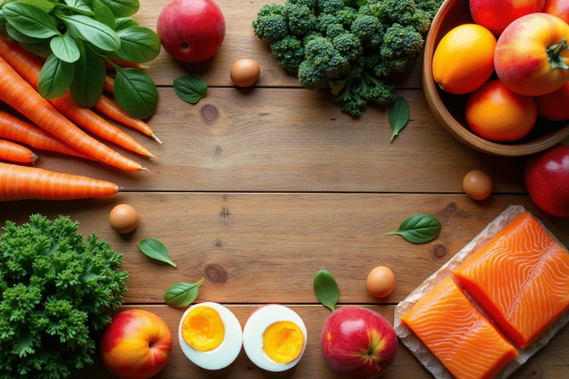 Vue de dessus d'une table colorée avec aliments riches en vitamine A