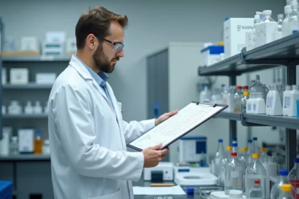 Scientifique en blouse blanche consultant un tableau de conversion PPM dans un laboratoire analytique moderne