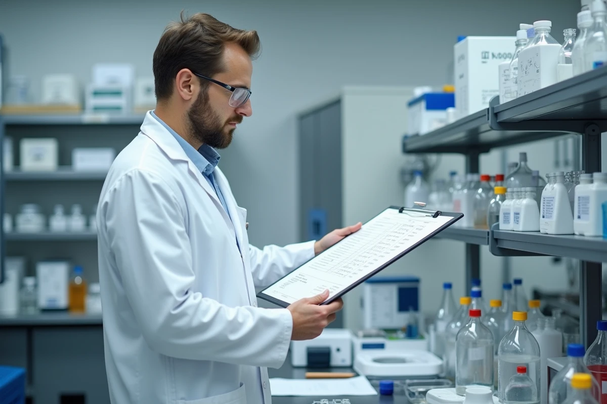 Scientifique en blouse blanche consultant un tableau de conversion PPM dans un laboratoire analytique moderne