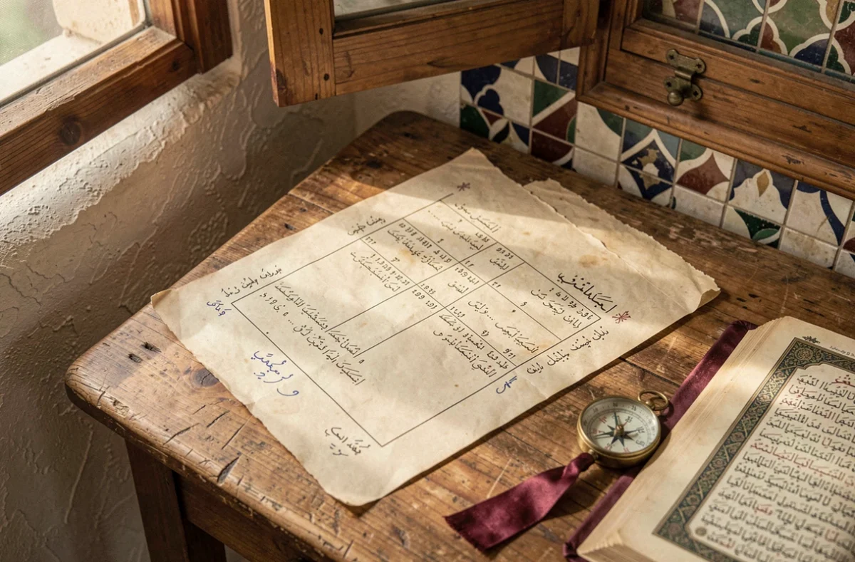 Tableau des horaires de prière posé sur une table en bois avec un Coran ouvert et une boussole en laiton pour la direction de la qibla à Marseille