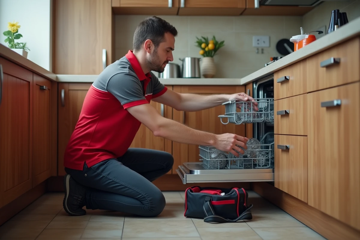 Technicien Darty effectuant une réparation à domicile sur un lave-vaisselle dans une cuisine résidentielle