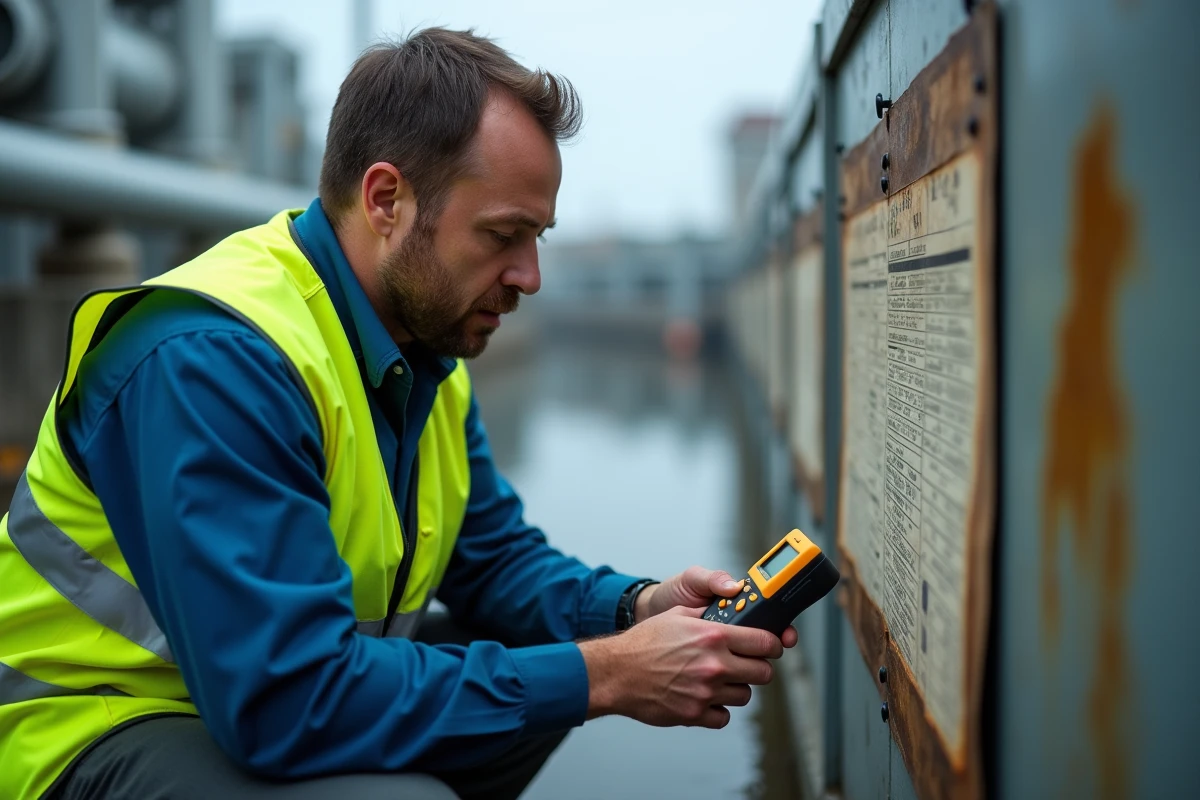 Technicien en traitement de l'eau utilisant un appareil de mesure PPM et un tableau de conversion laminé sur un site industriel