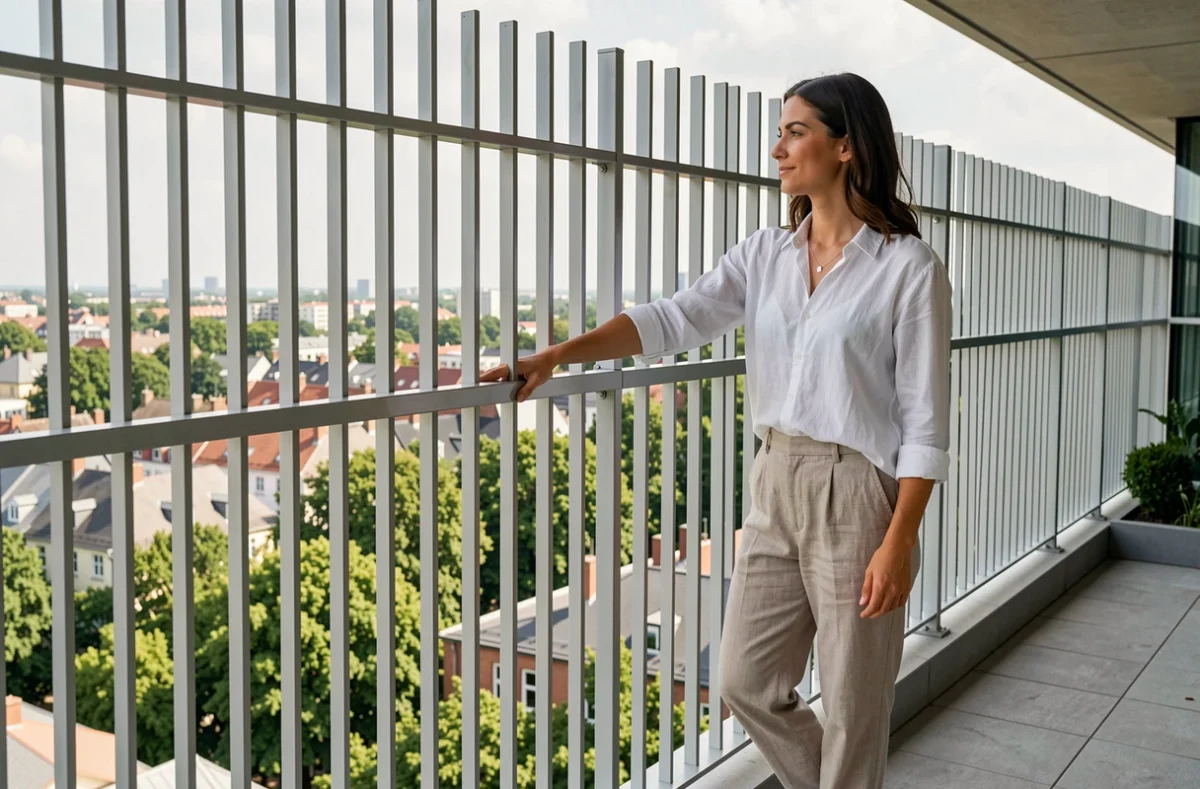 Femme sur terrasse urbaine avec brise-vue en barreaux aluminium sur balcon contemporain