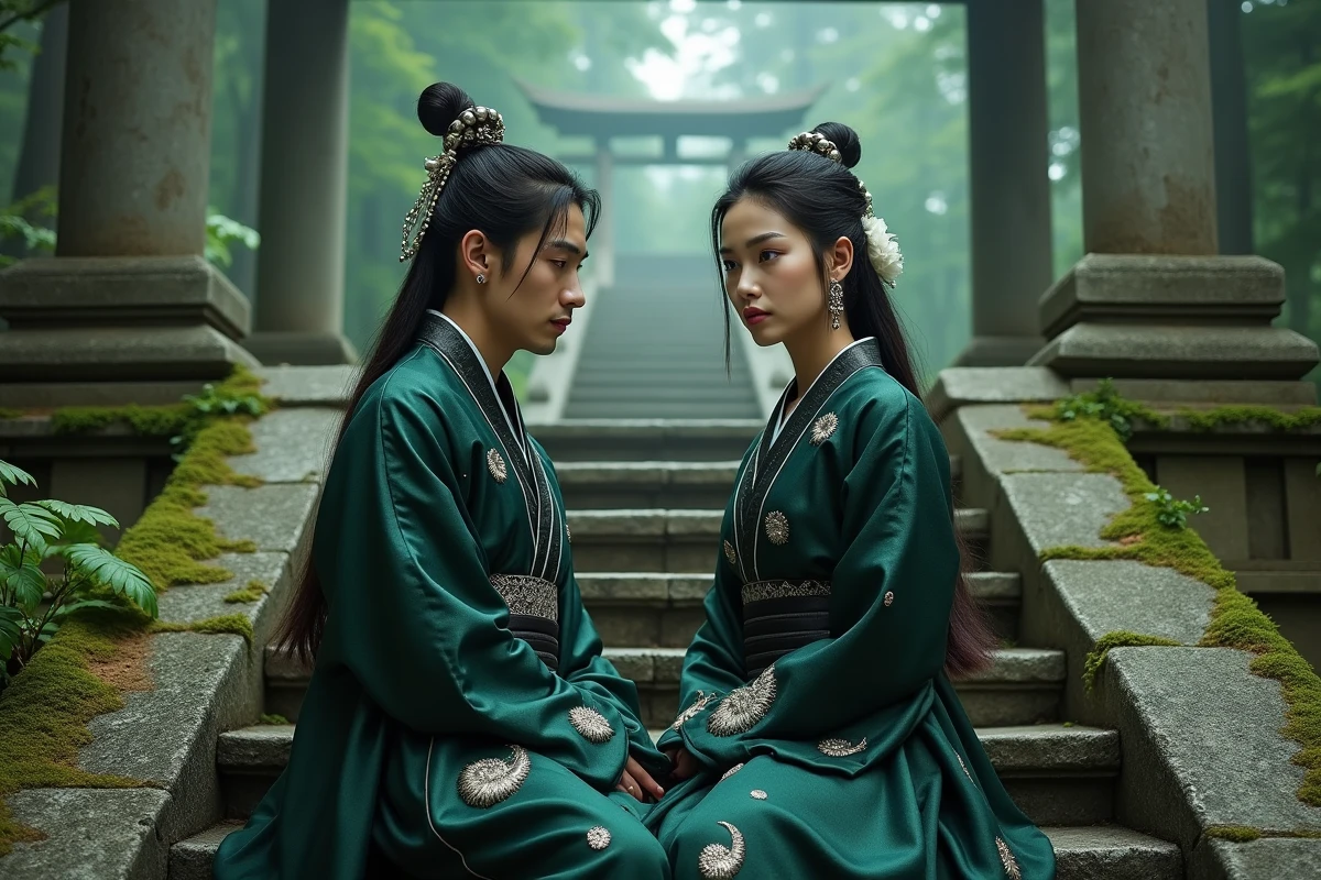 Duo d'adultes en costumes japonais avec motifs de lune sur des marches de temple en pierre moussu, illustrant la dualité des lunes démoniaques de Demon Slayer