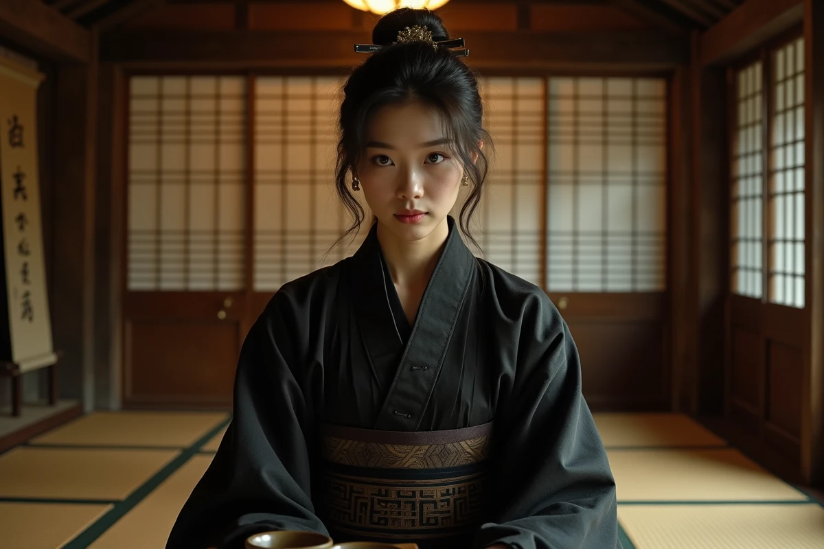 Jeune femme en tenue cérémoniale japonaise sombre assise dans une pièce traditionnelle avec shoji, évoquant l'univers des lunes démoniaques de Demon Slayer