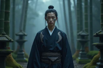 Jeune homme en kimono sombre avec motifs de lune, maquillage théâtral évoquant une lune démoniaque de Demon Slayer dans un jardin japonais brumeux