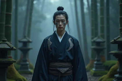 Jeune homme en kimono sombre avec motifs de lune, maquillage théâtral évoquant une lune démoniaque de Demon Slayer dans un jardin japonais brumeux