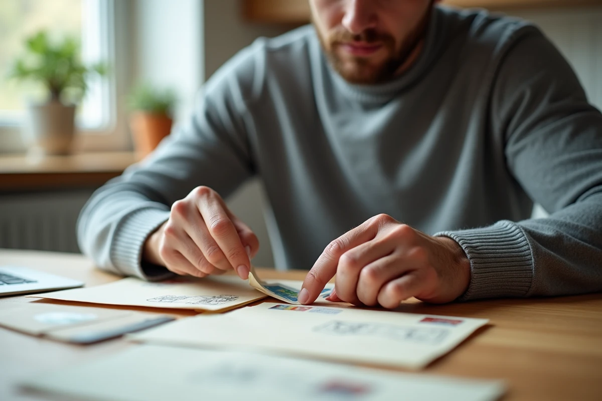 Homme collant des timbres sur des enveloppes destinées à l'étranger à sa table de cuisine