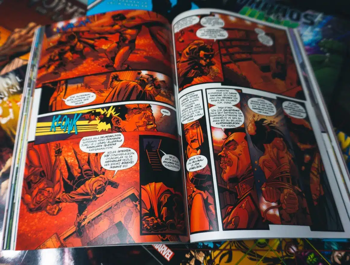 a comic book opened to a page of comics