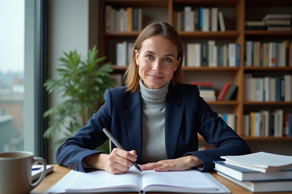 Traductrice professionnelle annotant un glossaire allemand-français dans un bureau rempli de dictionnaires multilingues