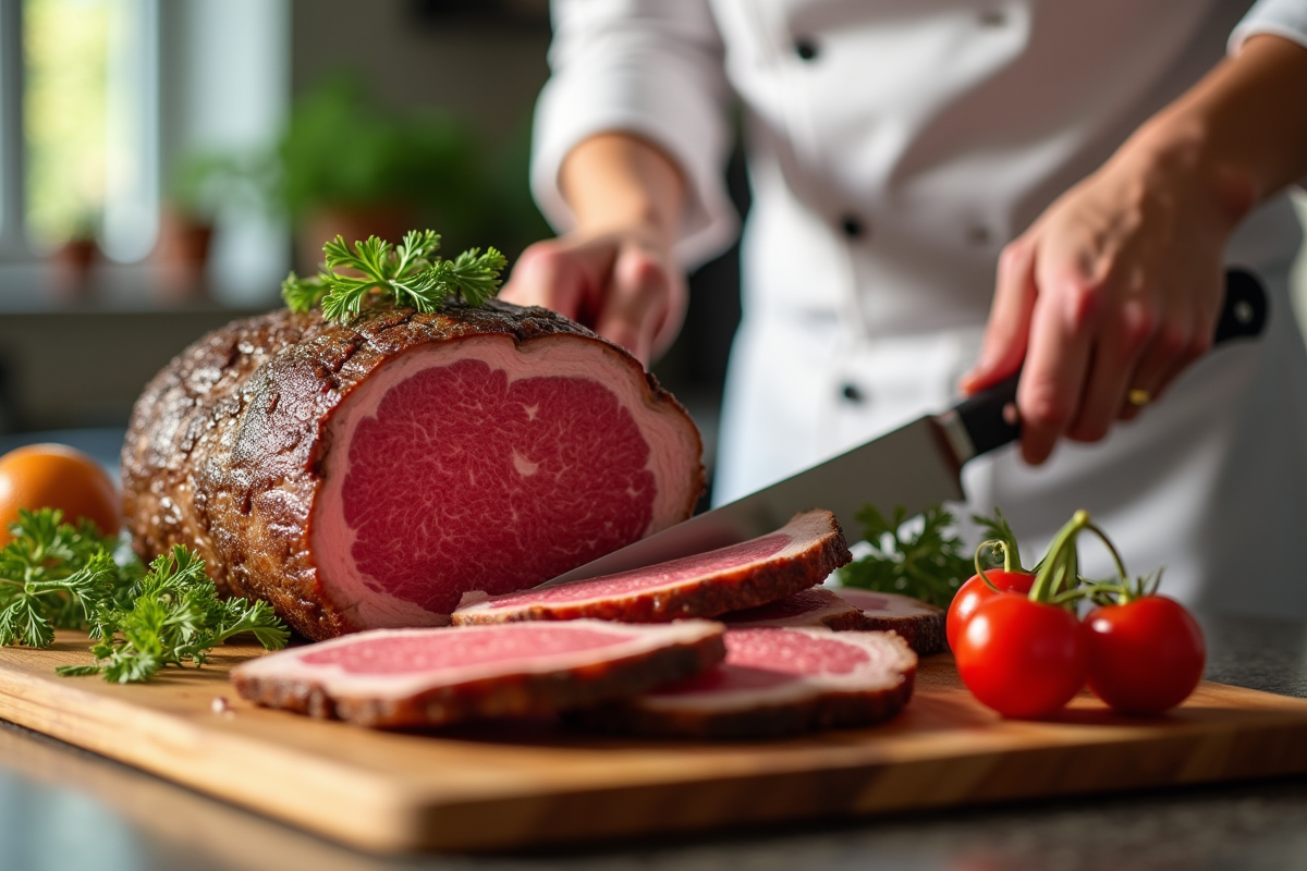 Chef tranchant un rôti de boeuf juteux dans une cuisine lumineuse