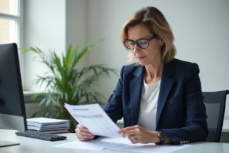 Femme en blazer bleu vérifiant son bulletin de salaire dans un bureau administratif en Moselle