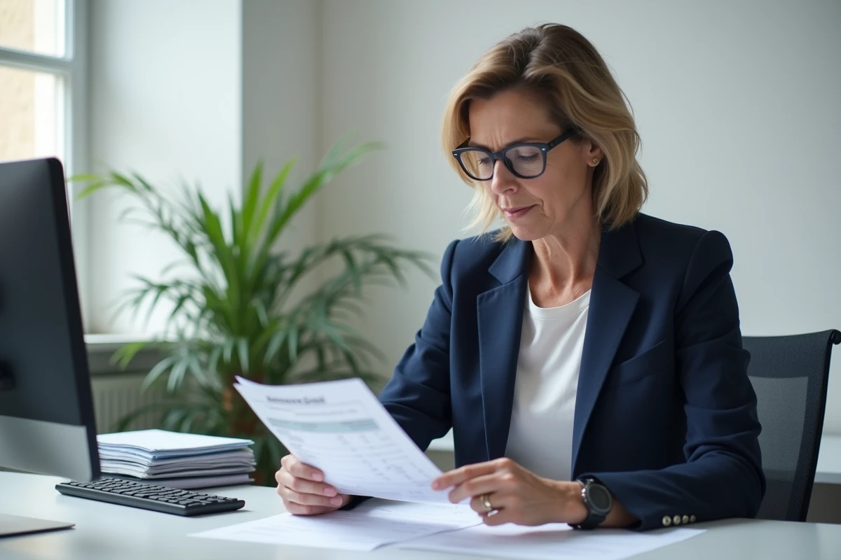 Femme en blazer bleu vérifiant son bulletin de salaire dans un bureau administratif en Moselle