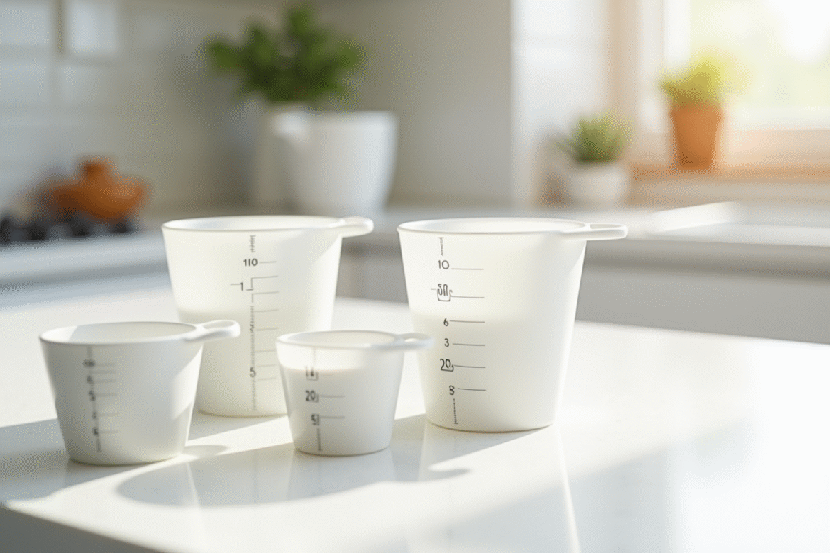 Verres de mesure en cuisine avec lumière naturelle