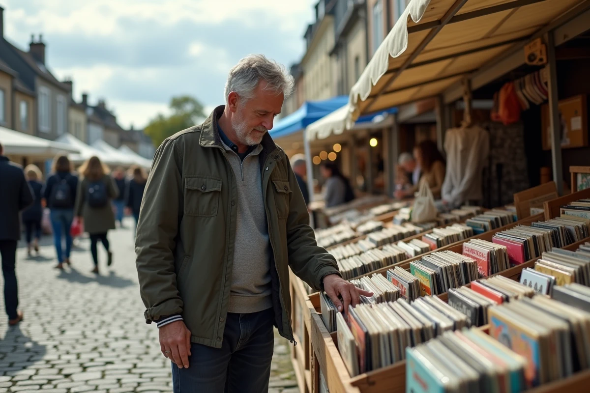 Homme fouillant des disques vinyles dans un vide-grenier animé du Morbihan en Bretagne