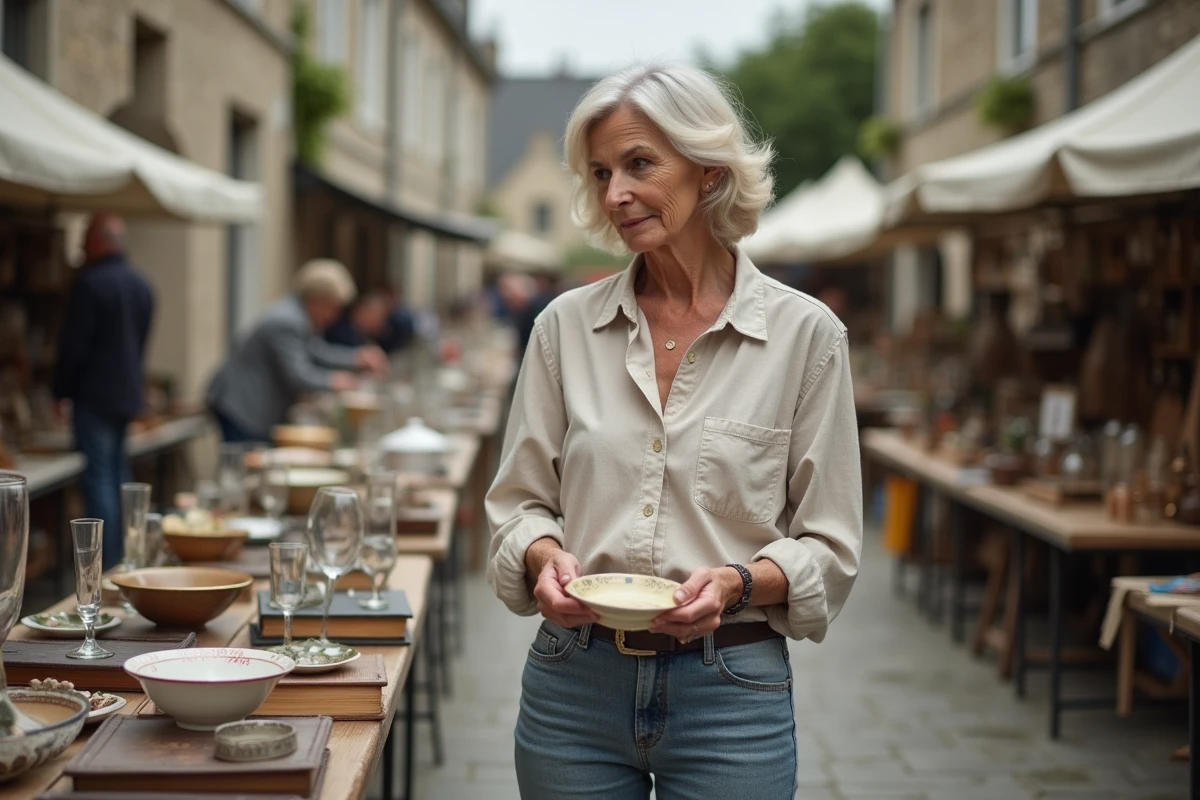 Femme examinant une assiette vintage sur un vide-grenier en plein air dans le Morbihan, Bretagne