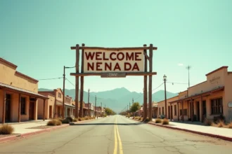Panneau de bienvenue d'une ville du Nevada avec décor désertique et bâtiments adobe en arrière-plan