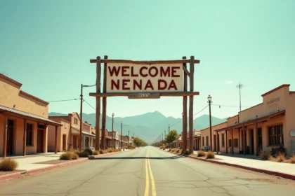 Panneau de bienvenue d'une ville du Nevada avec décor désertique et bâtiments adobe en arrière-plan
