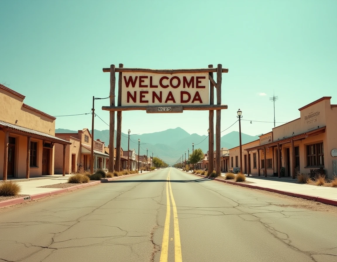 Panneau de bienvenue d'une ville du Nevada avec décor désertique et bâtiments adobe en arrière-plan