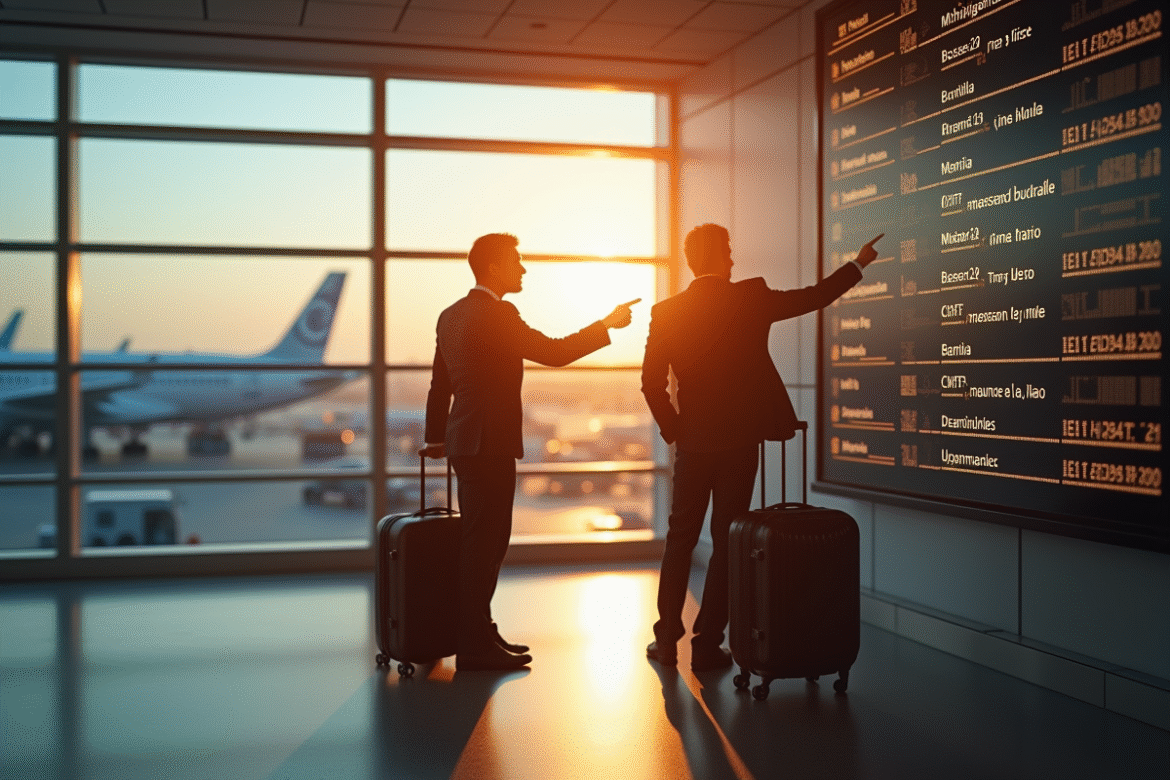 Deux personnes en costume à l'aéroport discutant devant un tableau de départs