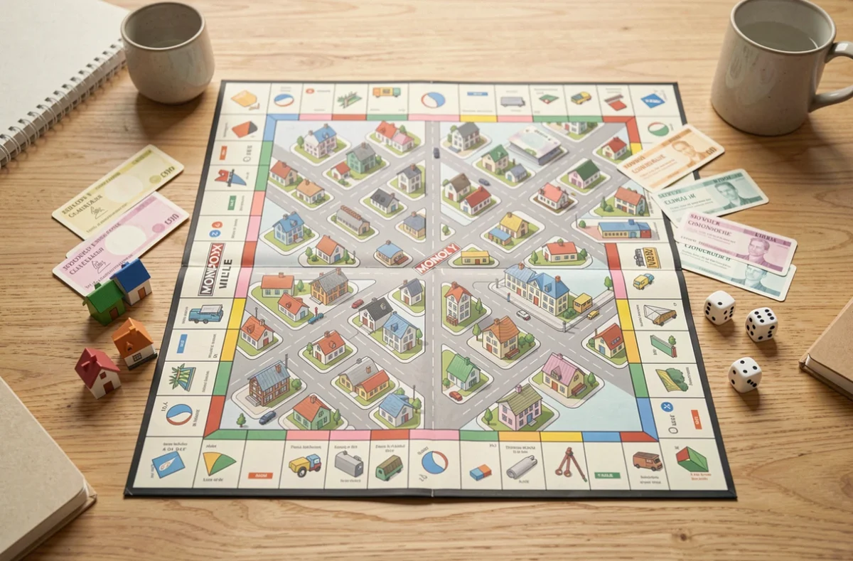 Vue aérienne des composants du jeu Monopoly Ville disposés sur une table en bois clair