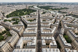 Vue aérienne de la densité urbaine de Paris montrant les toits haussmanniens et la Seine pour illustrer la superficie de la ville
