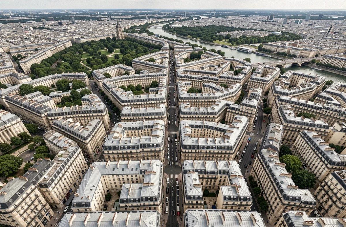 Vue aérienne de la densité urbaine de Paris montrant les toits haussmanniens et la Seine pour illustrer la superficie de la ville